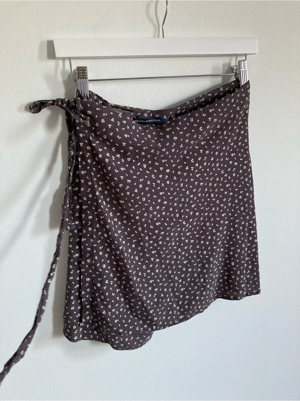 Brandy Melville Black Mini Wrap Skirt with White Ditsy Print